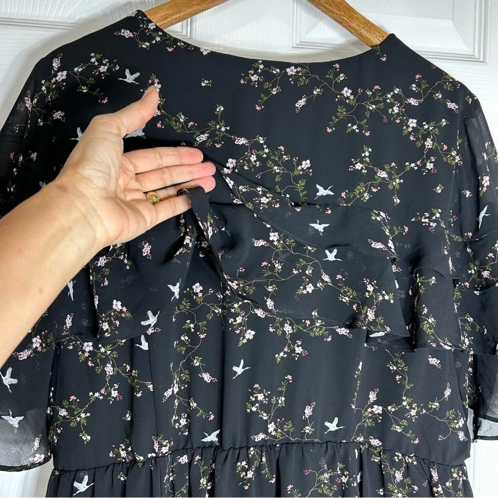 Torrid Black Floral Birds Print Chiffon Ruffled Wrap Versatile  Dress 2/2X/18-20 - Picture 7 of 16